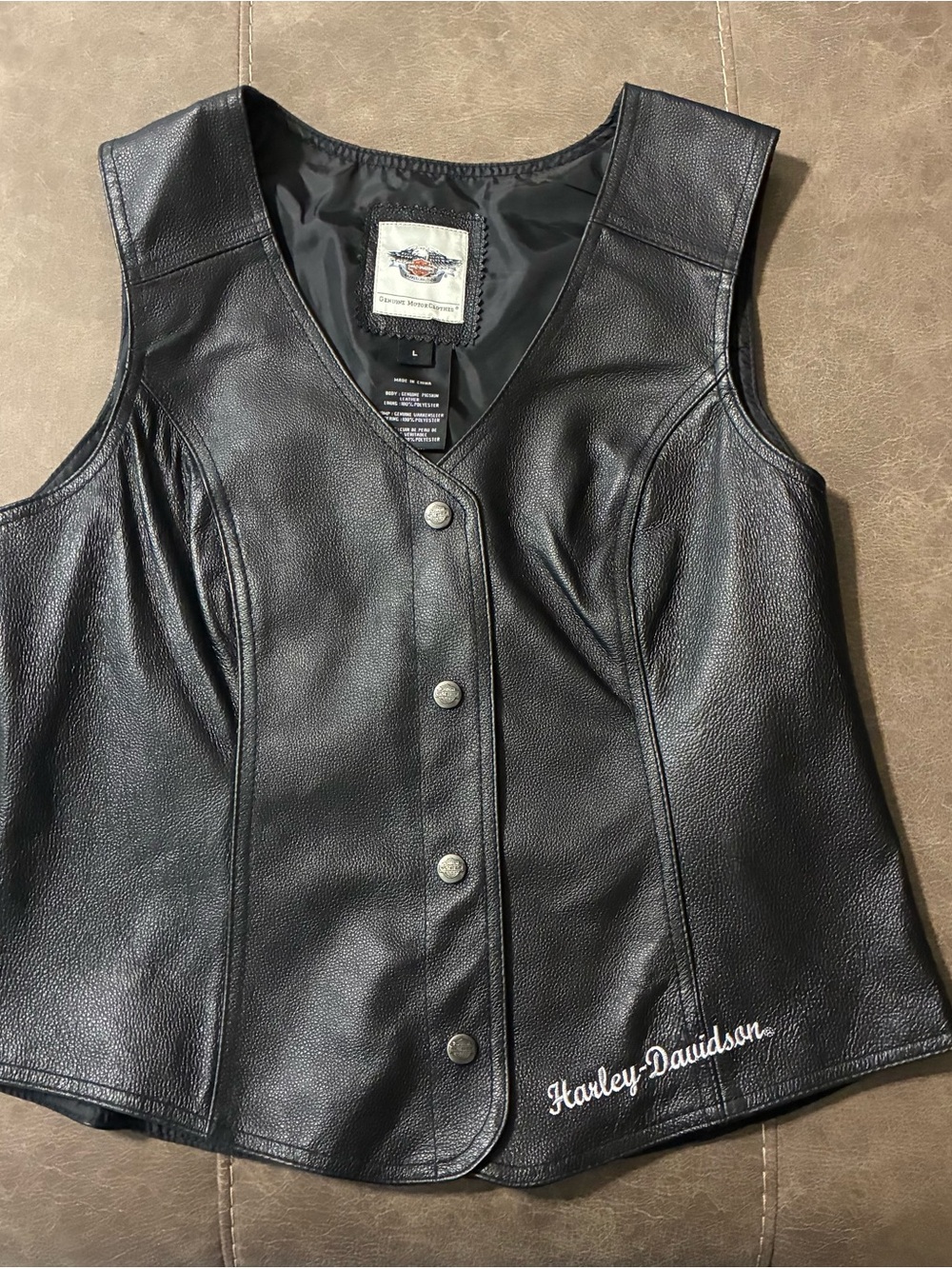 Harley Davidson Leather Motorcycle Vest Womens L Black Pigskin Embroidered